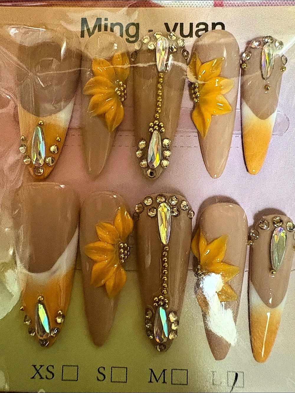 Yellow Floral Rhinestone Press-On Nails NWT